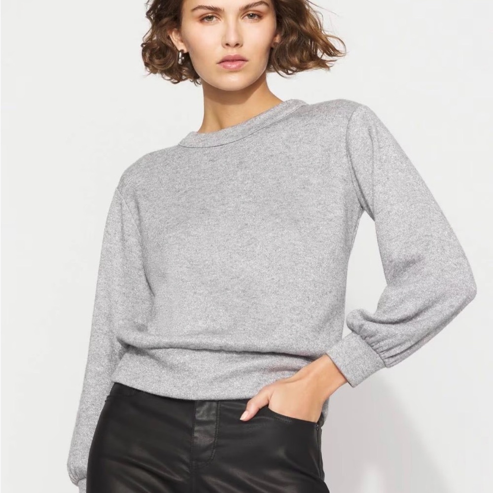 White House Black Market Gray Lurex Puff Sleeve Snit Top- small
